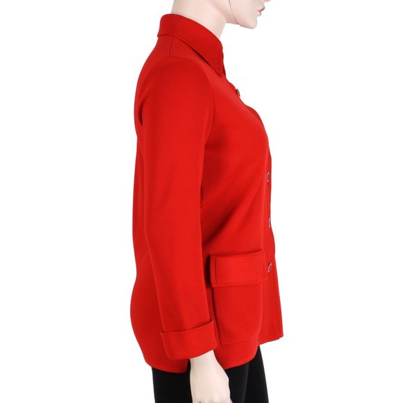 L XL Vintage 60s Gold Crown Le Roy Red Double Knit Simple Mod Cardigan w Pockets - Picture 3 of 9